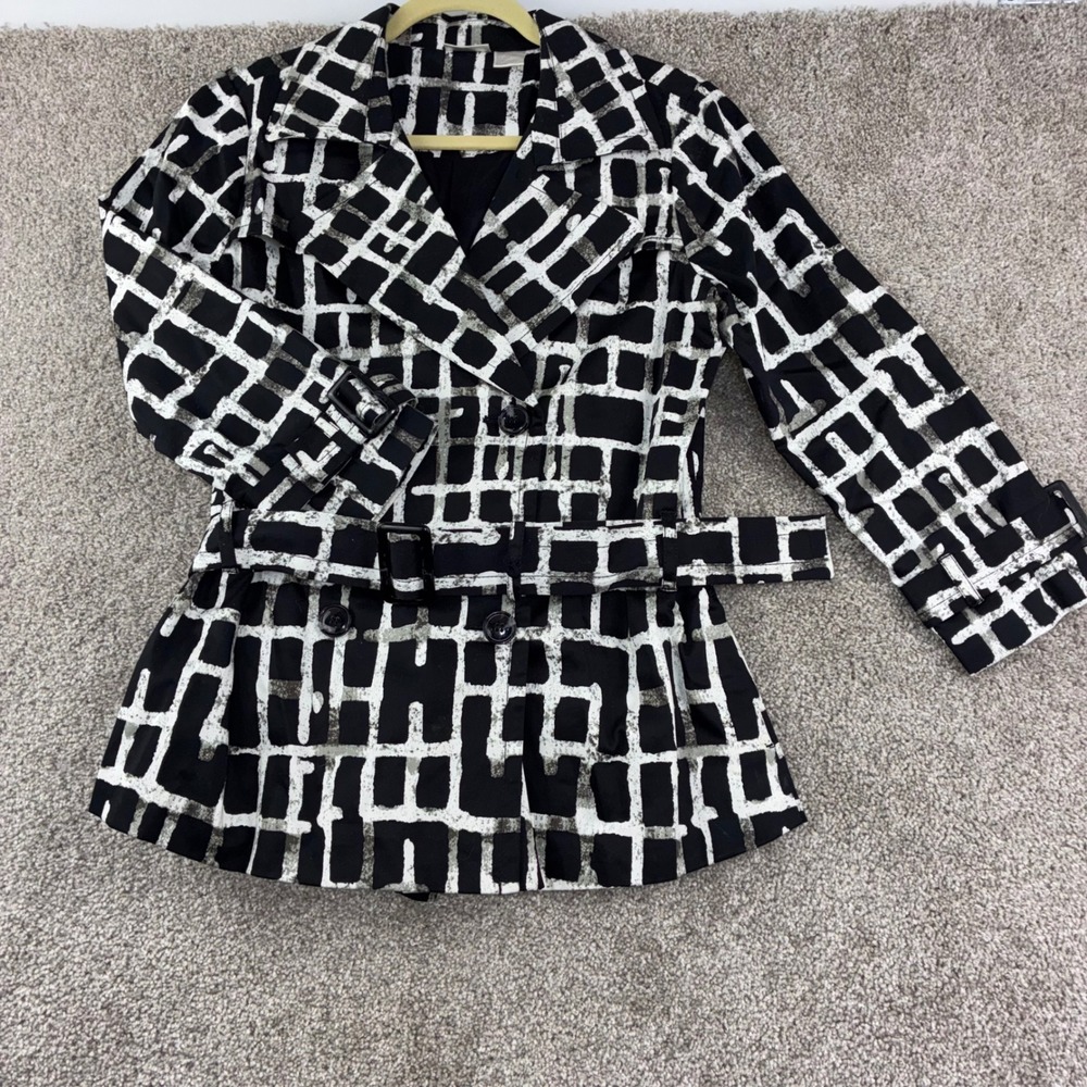 Spiegel Trench Jacket Women 10 Black White Geometric Belted Double Breasted Coat